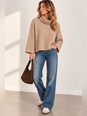 525 America Revolve Beige Cotton Oversized Turtleneck Bell Sleeve Knit Sweater L